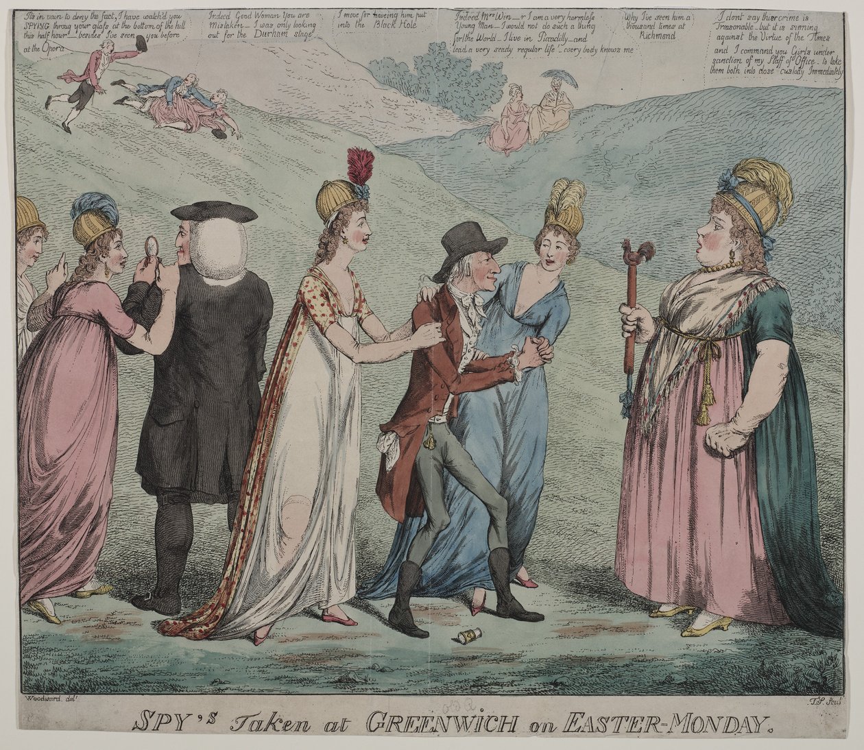 Mãe Windsor com quatro de suas cortesãs, ordena que suas meninas prendam o Bispo de Durham e Duque de Queensbury, 1798 (gravura a cores) de George Moutard Woodward