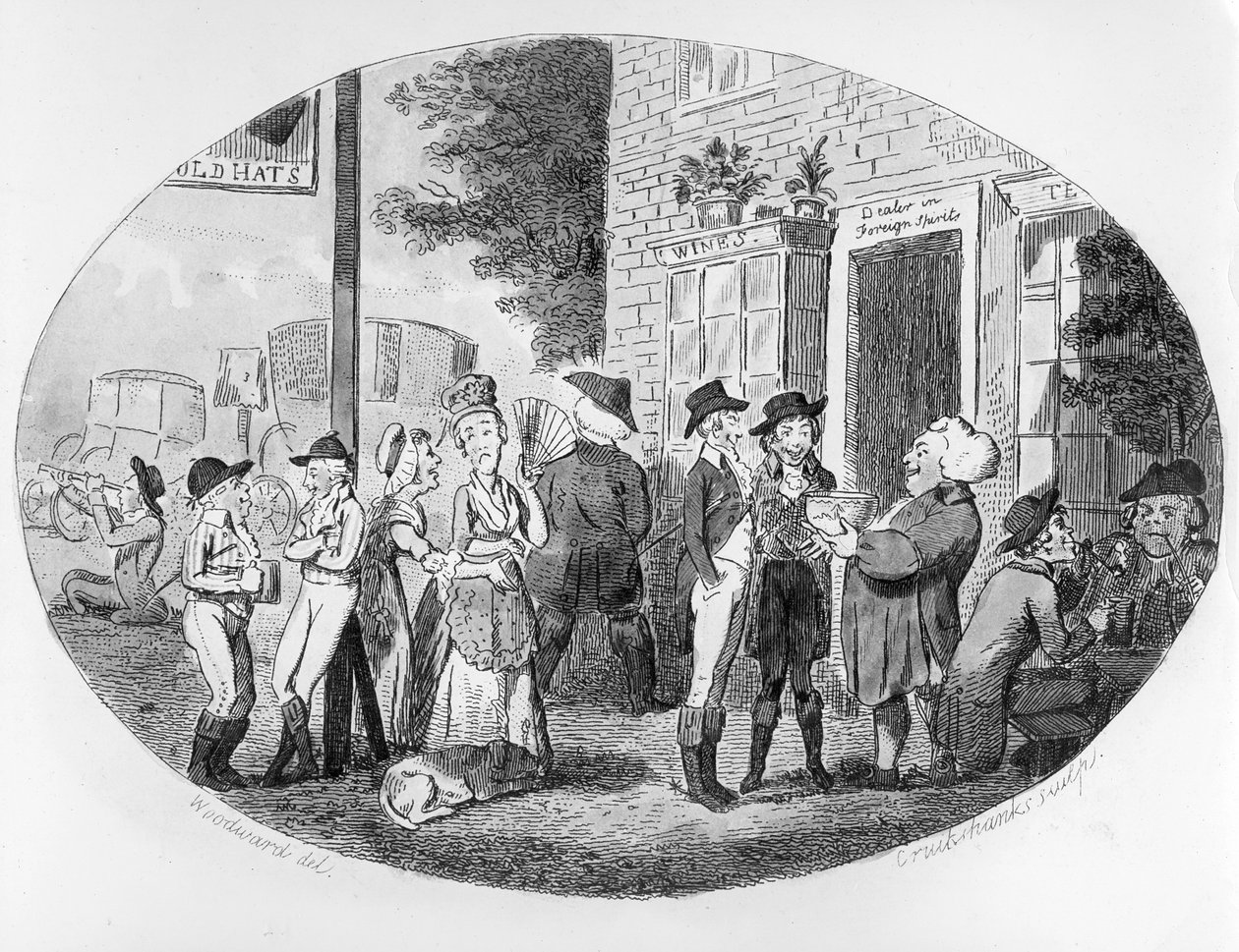 Fora da Tavern Old Hats, gravada por Isaac Cruikshank, 1796 de George Moutard Woodward