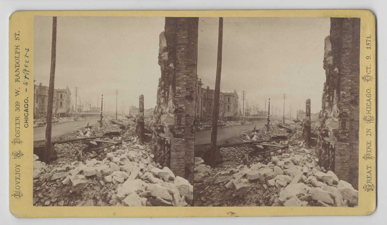 Estereógrafo da Washington Street, da esquina da LaSalle Street, olhando para o leste, depois do Chicago Fire de 1871, 1871 (foto do bw na montagem do cartão) de George N. Barnard