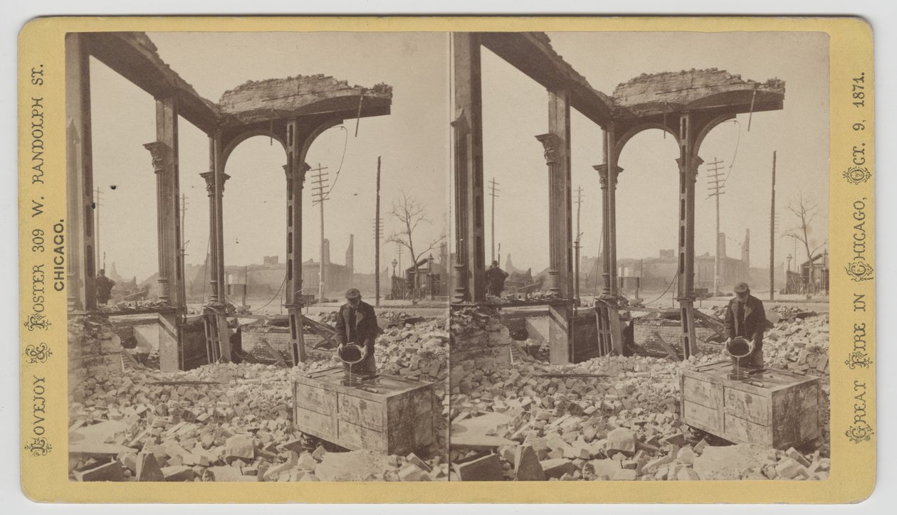 Estereografia de um homem resfriando um cofre entre as ruínas após o incêndio de Chicago de 1871, 1871 (foto bw no cartão de montagem) de George N. Barnard