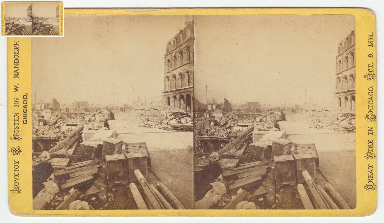 Estereografia de cofres tirados de ruínas na rua Dearborn após o incêndio de Chicago de 1871, 1871 (foto bw no cartão de montagem) de George N. Barnard