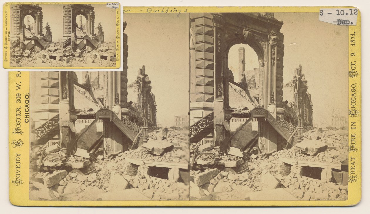 Estereógrafo do Bryan Block no canto noroeste das Ruas Monroe e LaSalle após o Chicago Fire de 1871, 1871 (foto no cartão) de George N. Barnard