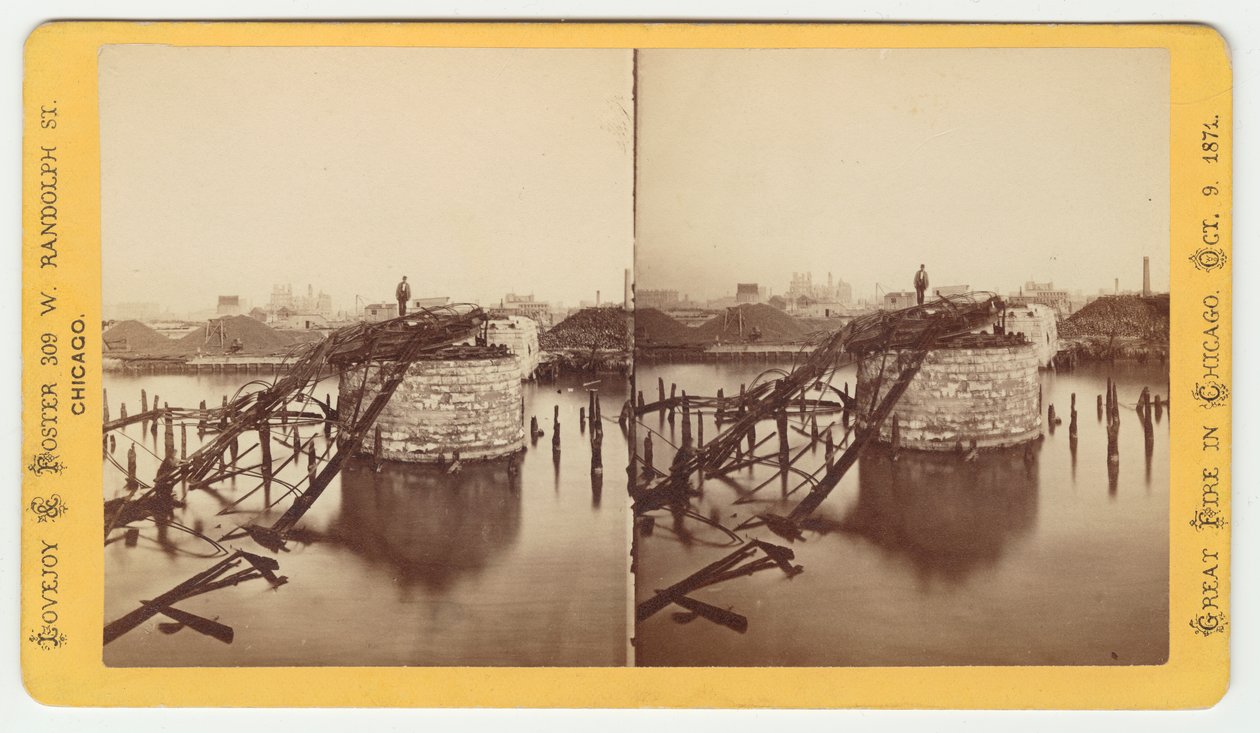Estereografia da ponte da rua Van Buren após o incêndio de Chicago de 1871, 1871 (foto do bw no cartão de montagem) de George N. Barnard