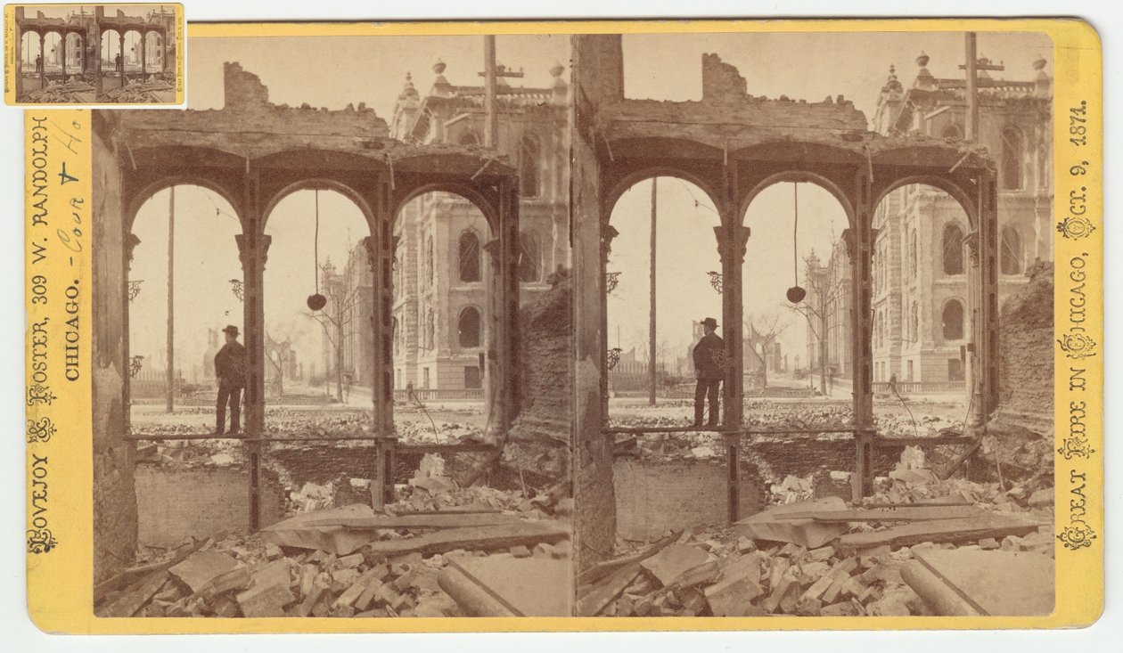 Estereografia do tribunal visto através das ruínas do lado leste da Clark Street depois do incêndio de Chicago de 1871, 1871 (foto do bw na montagem do cartão) de George N. Barnard