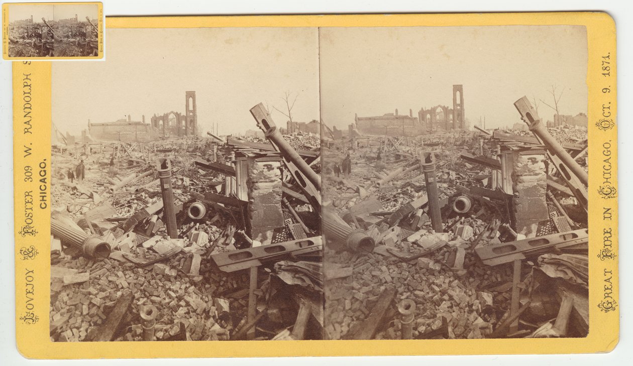 Estereografia das ruínas da Loja de Mamute de Campo & Leiter depois do Incêndio de Chicago de 1871, 1871 (foto bw em montagem de cartão) de George N. Barnard