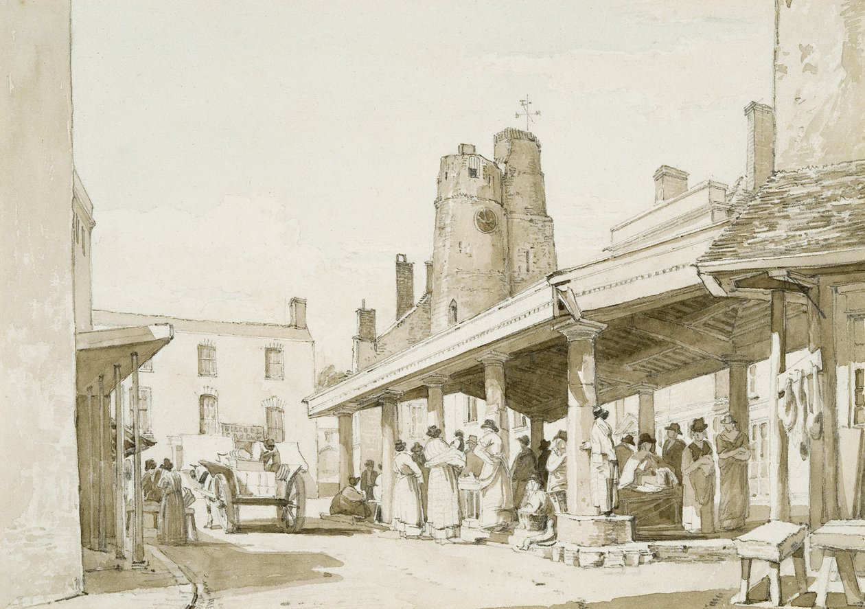 Old Market Place, Swansea (lavagem a sépia e lápis sobre papel) de George Orleans Delamotte