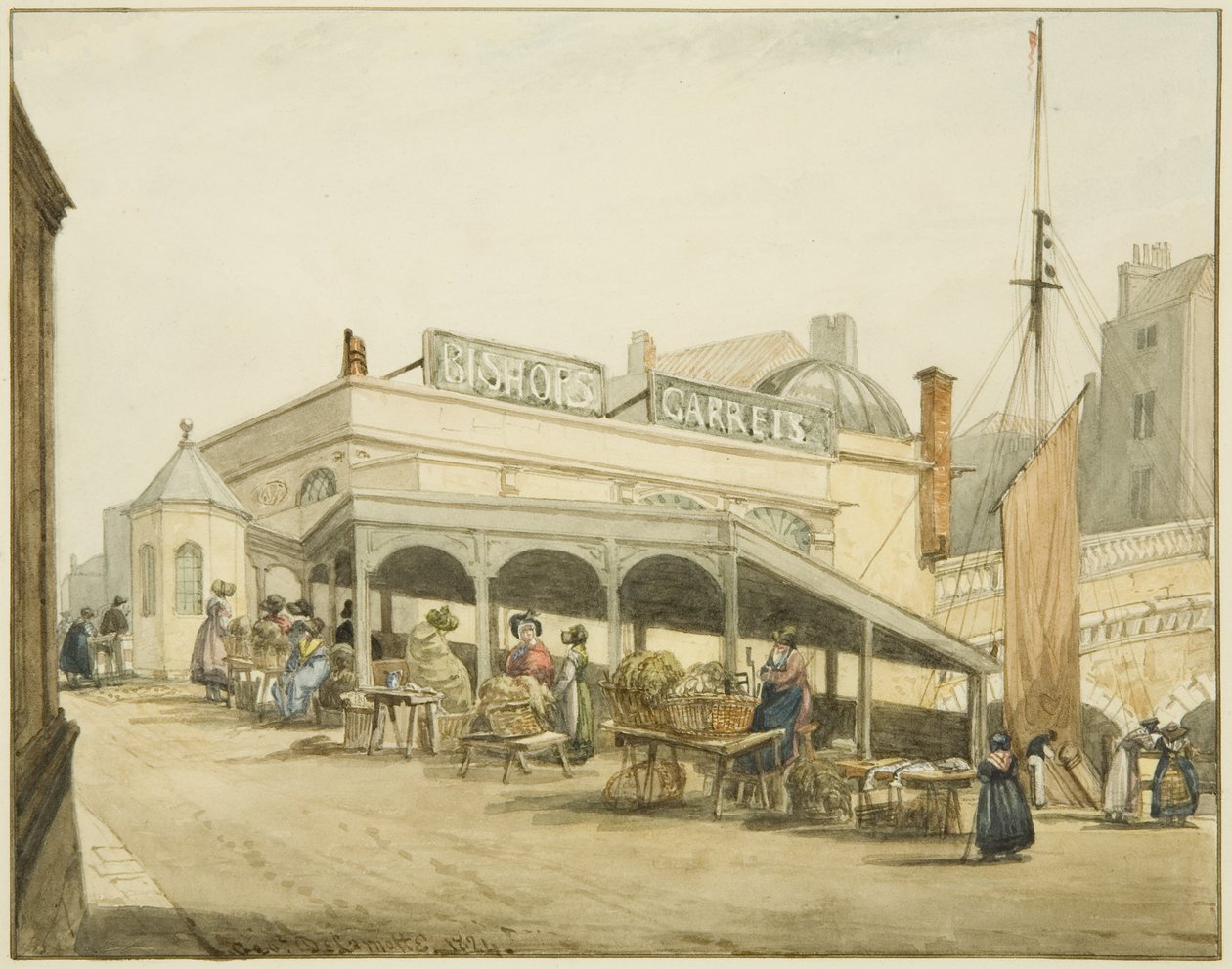 O Galpão das Ostras na Ponte Bristol (lápis e aguarela sobre papel) de George Orleans Delamotte