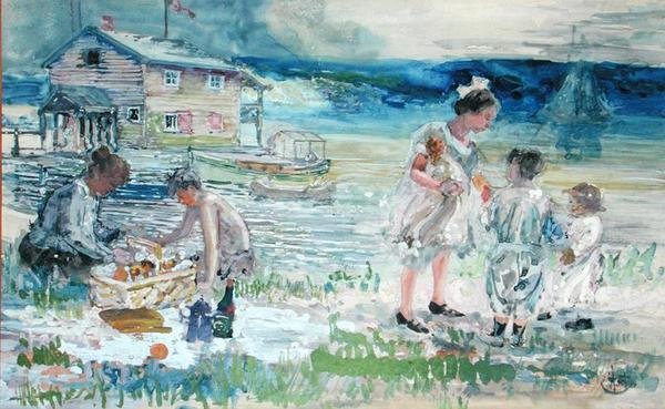 Piquenique na Praia (aguarela sobre papel) de George Overbury Hart