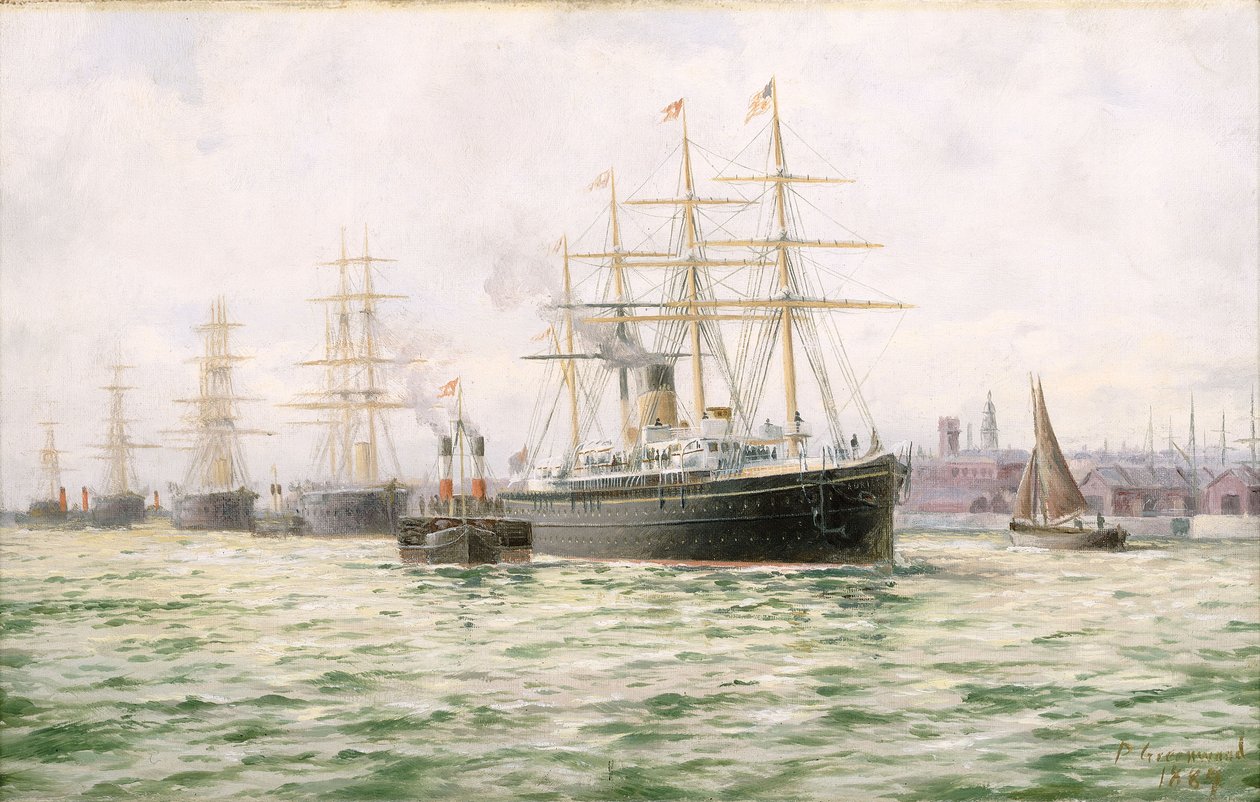 O navio a vapor "Adriatic" da White Star Line a sair de Liverpool, finais do século XIX (pintura a óleo) de George Parker Greenwood