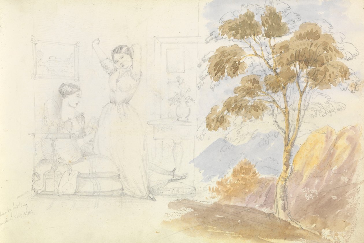 Esboço de duas jovens, uma sentada a ler e a outra a espreguiçar-se e a bocejar (desenhado por Lord Bury) com o desenho de uma árvore ao lado de George Pechell Mends