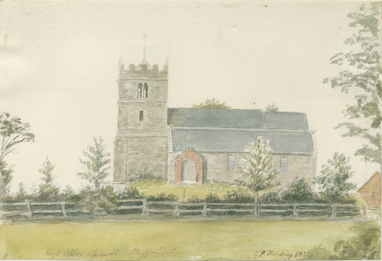 Igreja de High Offley: pintura a cores de água, 1821 de George Perfect Harding