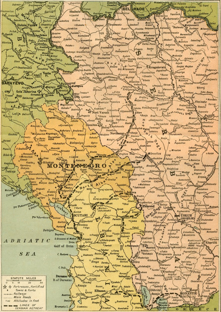 Mapa para ilustrar o retiro sérvio, 1919. de George Philip and Son Ltd