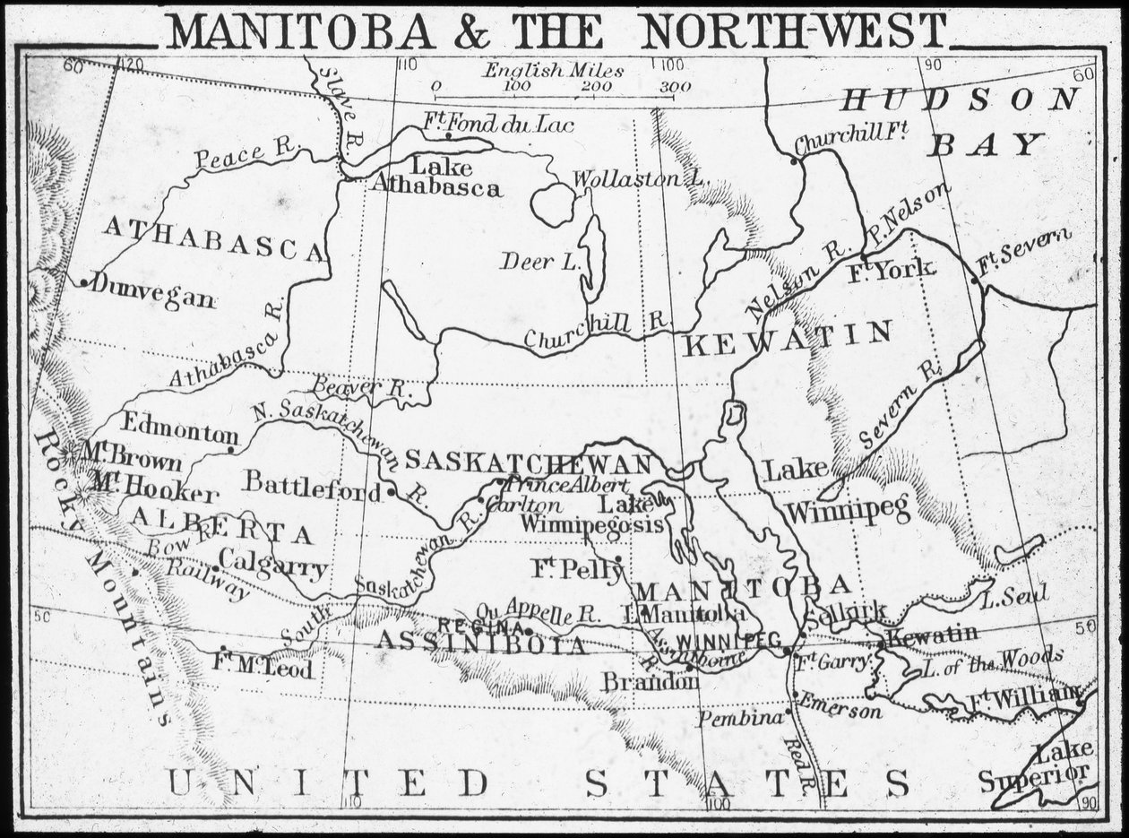 Mapa de Manitoba e noroeste, Canadá, c1893 de George Philip and Son Ltd