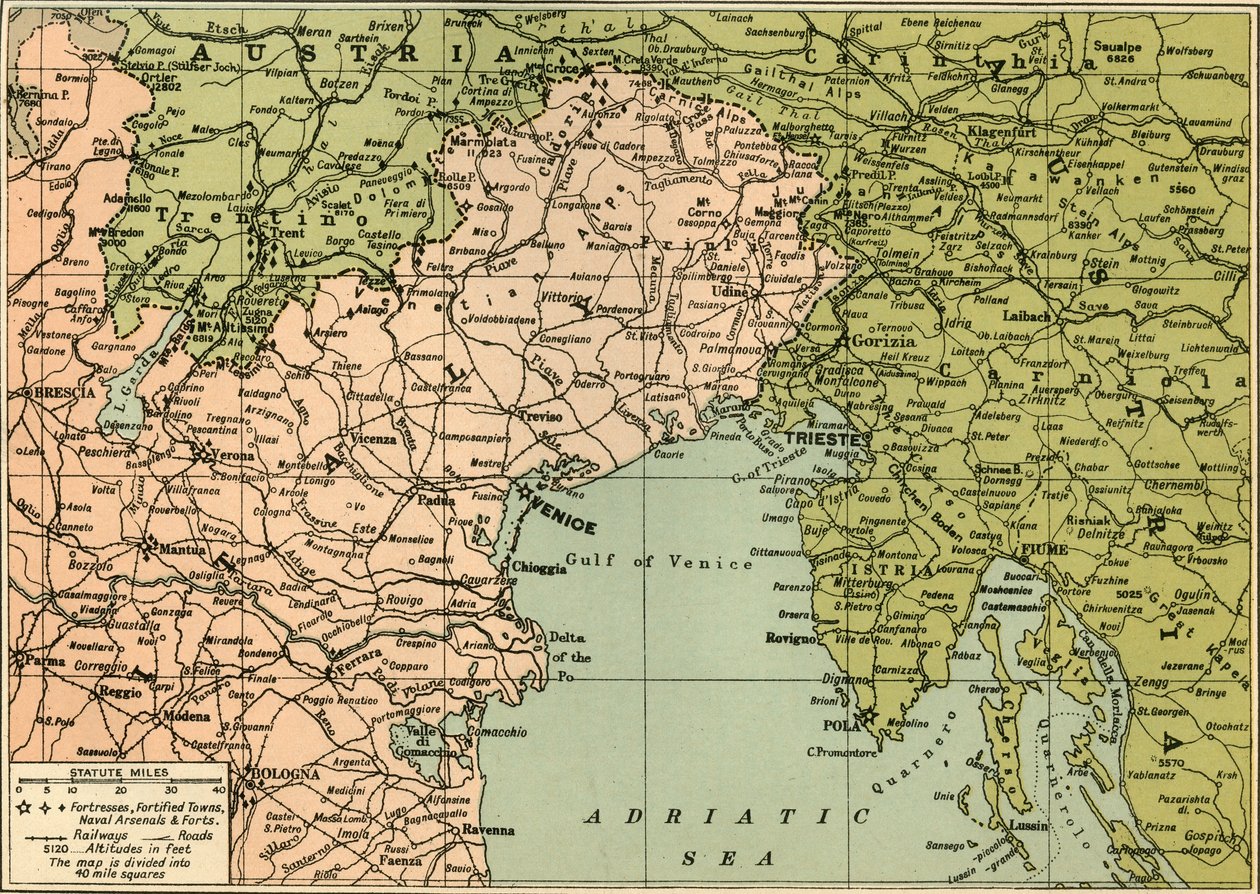 Mapa da frente de combate italiana, 1919. de George Philip and Son Ltd