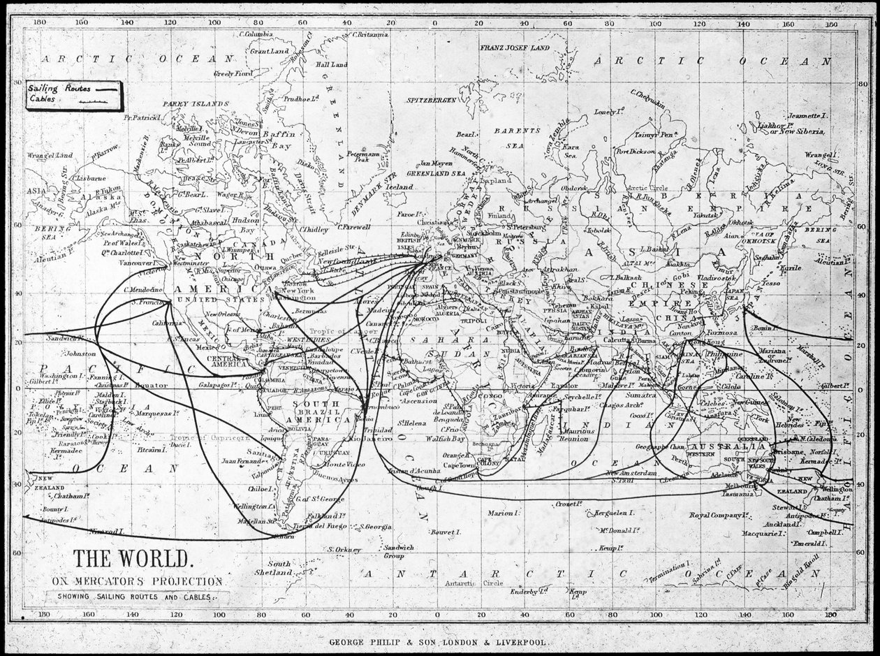 Mapa do mundo mostrando rotas de navegação e cabos telegráficos, c1893 de George Philip and Son Ltd