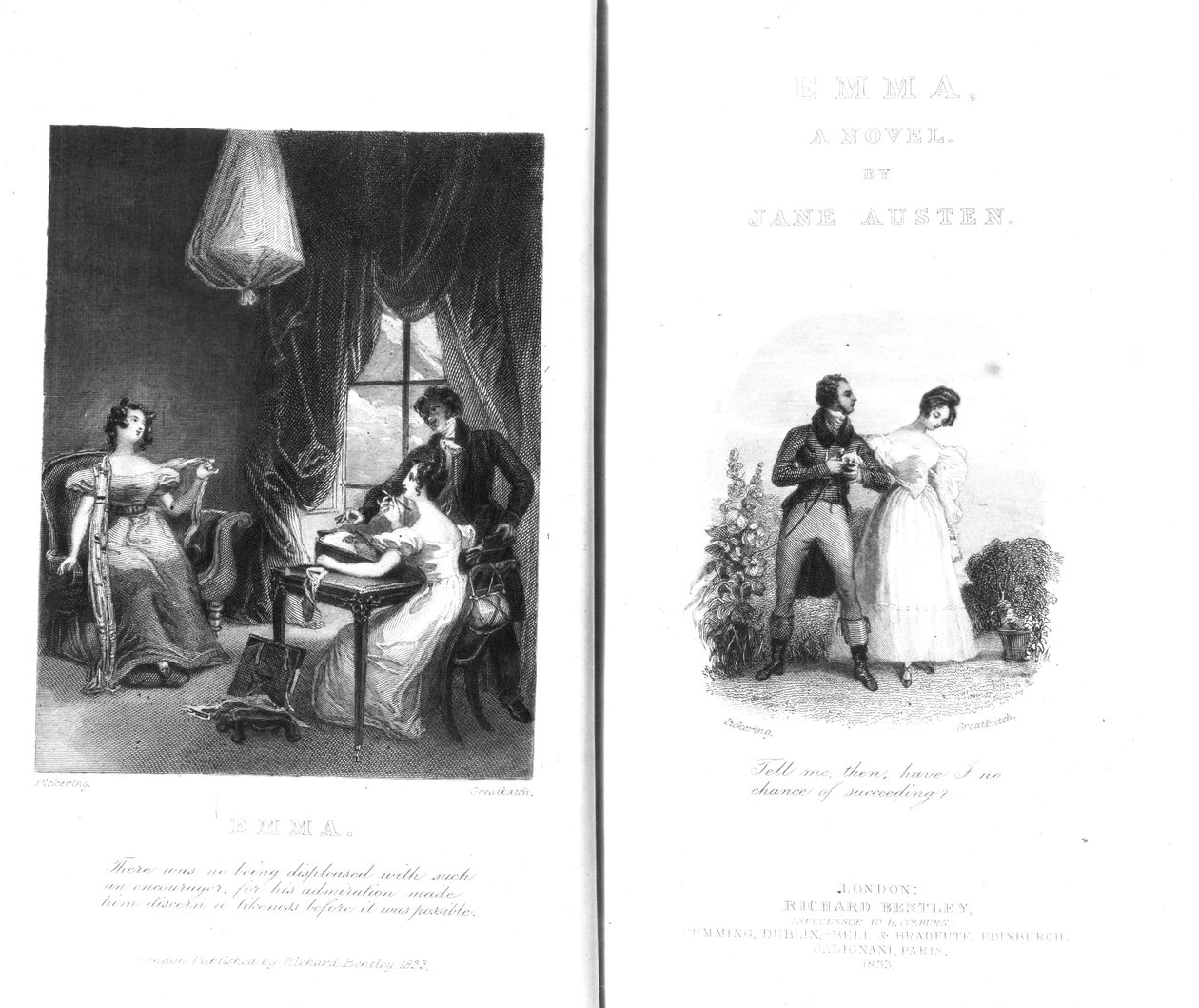 Frontispício e página de título para &39;Emma&39; por Jane Austen, gravada por William Greatbach, edição publicada em 1833 de George Pickering
