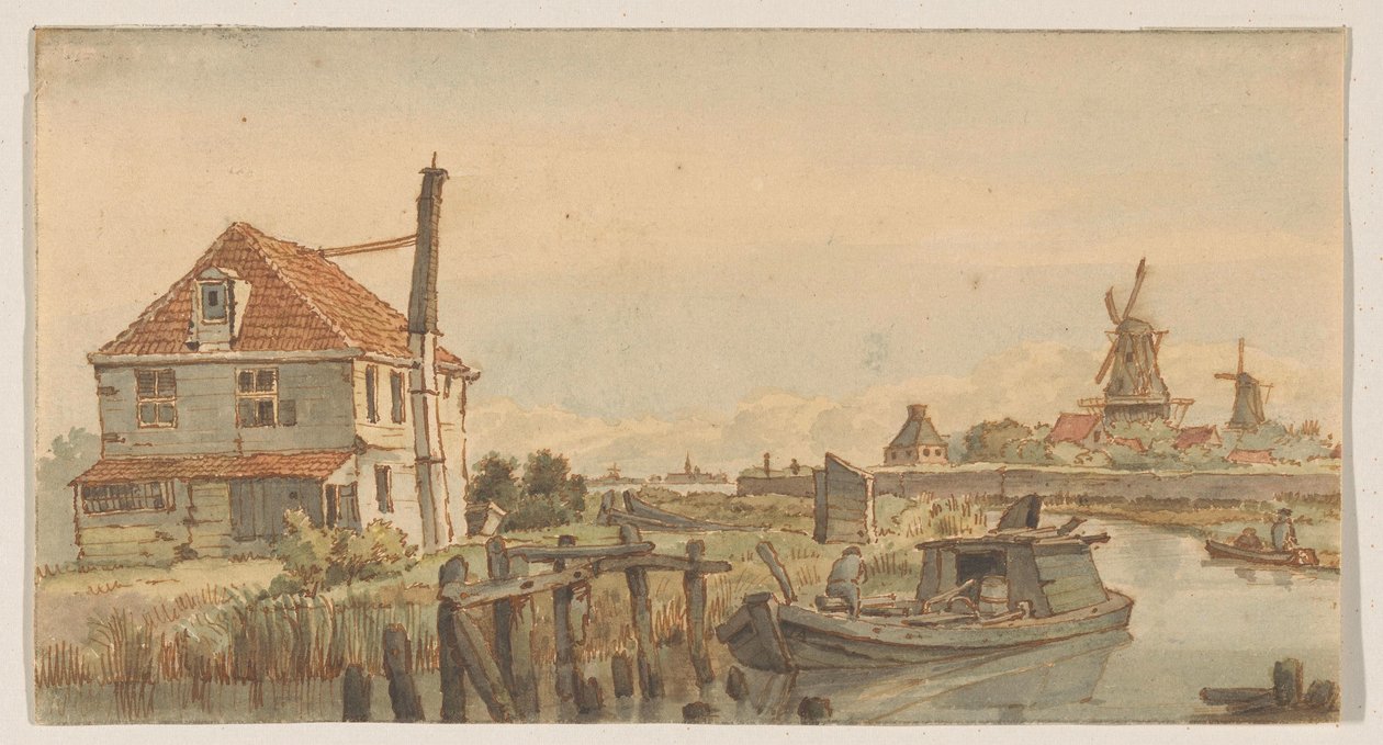 Velas com um barco, uma casa e dois moinhos de George Pieter Westenberg