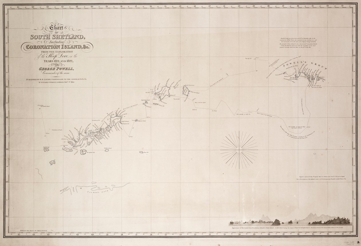 Carta das Shetland do Sul, incluindo a Ilha da Coroação, da exploração do saveiro Dove nos anos de 1821 e 1822 por George Powell, comandante do mesmo de George Powell