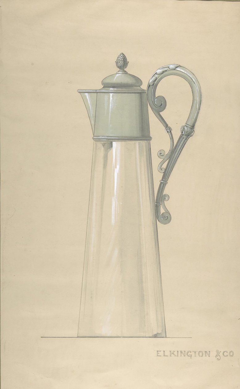 Design para jarro de água de vidro e prata, com tampa, 1820-65. de George Richards Elkington