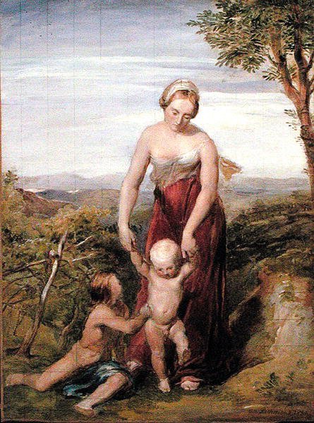 Uma mulher com dois filhos em uma paisagem montanhosa de George Richmond