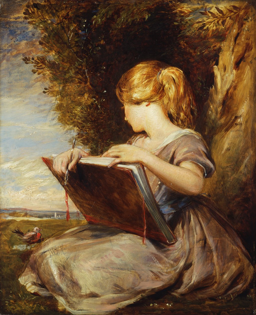 Uma jovem sentada debaixo de uma árvore com um caderno de desenho, de George Richmond