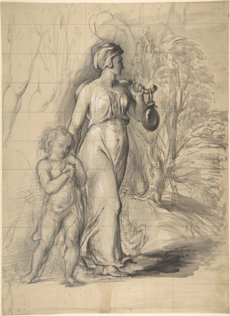 Agar e Ismael no deserto (recto); dois estudos de retrato da mulher do artista e um estudo de uma perna e de um torso (verso) de George Richmond