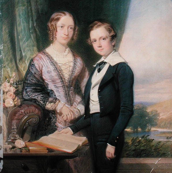 Retrato de um jovem desconhecido ao lado de sua mãe (aquarela sobre papel) de George Richmond