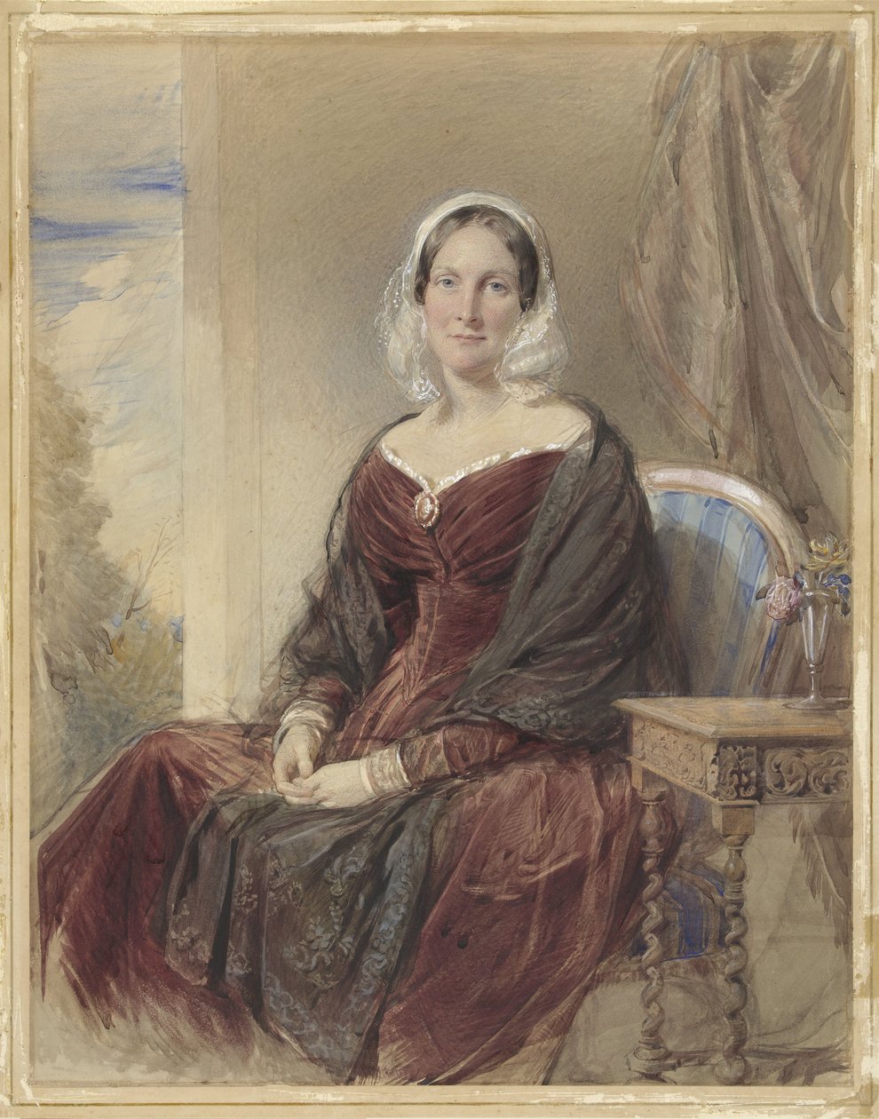 Retrato de uma senhora sentada perto de uma vista exterior de George Richmond
