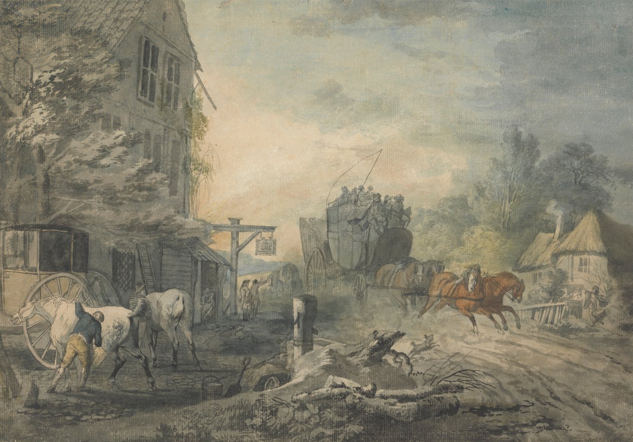 Uma diligência e quatro travessias através de uma aldeia na estrada Bath-London de George Robertson