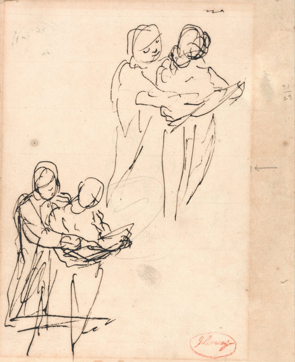 Casal a examinar um livro de George Romney