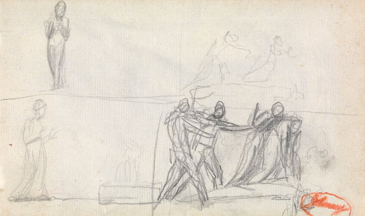 Cena de grupo e dois esboços de uma figura em pé de George Romney