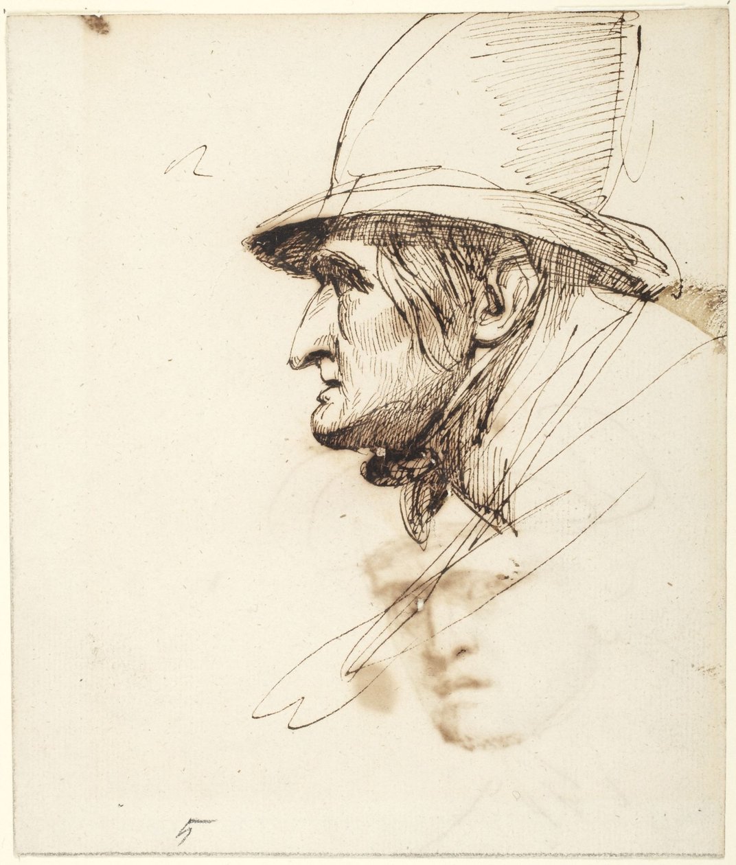Cabeça de um homem de perfil, usando um chapéu grande de George Romney