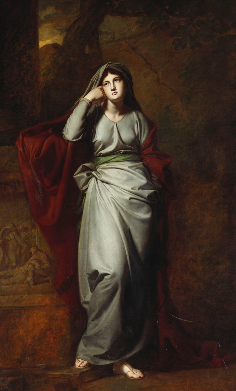 Il Penseroso, ou melancolia: uma figura feminina, de corpo inteiro, vestindo roupas verdes pálidas, de pé em uma paisagem, apoiando o cotovelo esquerdo em um pedestal com um friso clássico, de George Romney