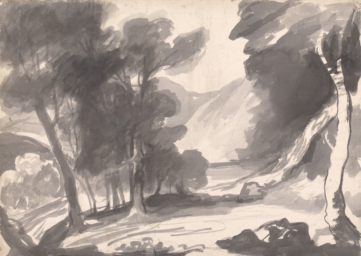 Estudo de paisagem: bosquinho, lago e montanhas de George Romney