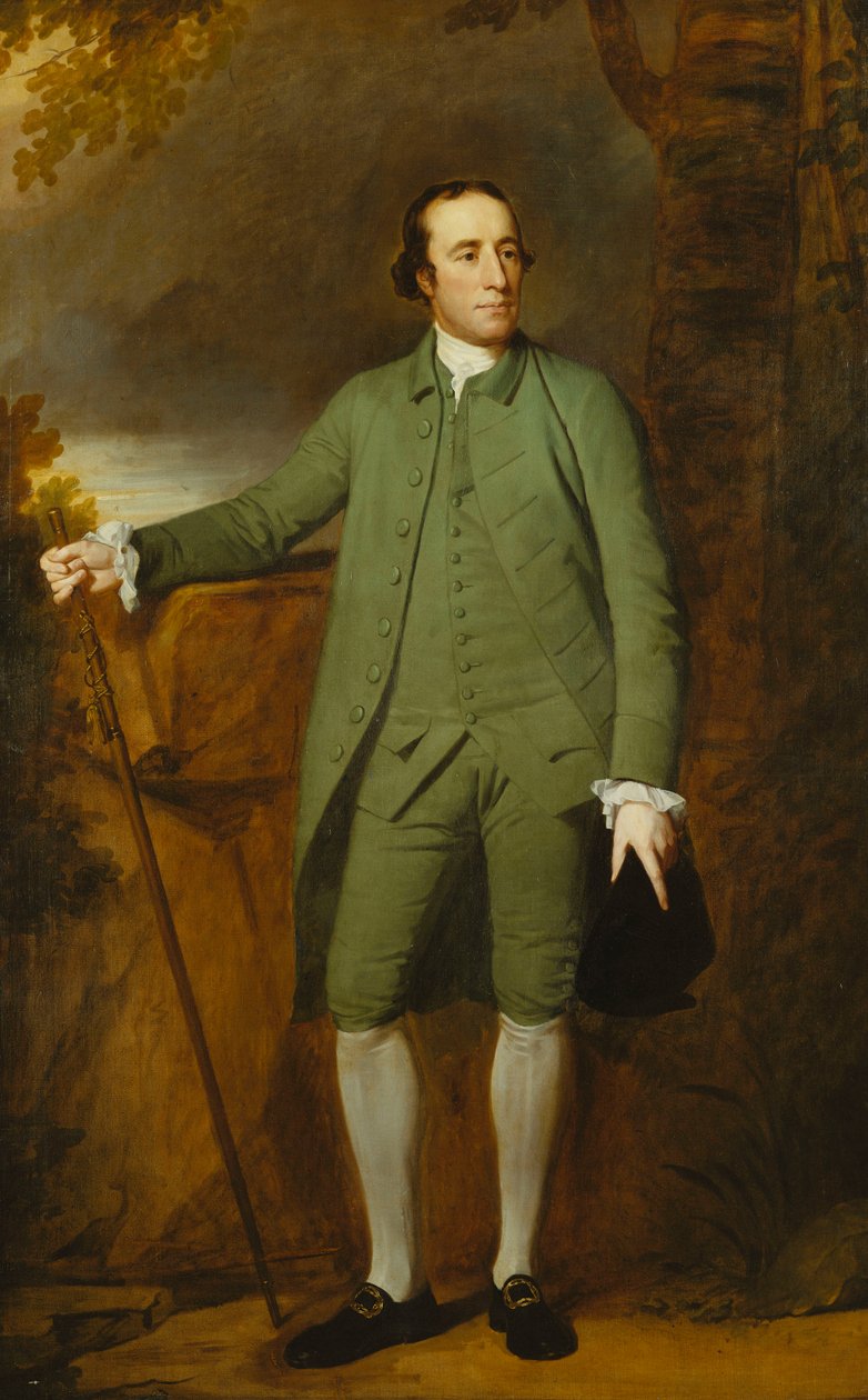 Retrato de George Morewood, de pé, em um casaco verde, colete e calças, segurando um chapéu na mão esquerda, uma bengala na direita, de George Romney