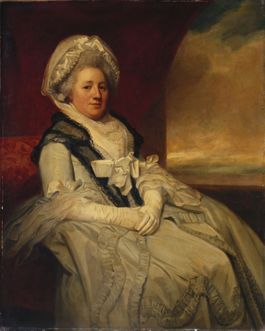Retrato da Sra. Uppleby, sentada a três quartos de comprimento, usando um vestido branco e chapéu com um xale preto de George Romney