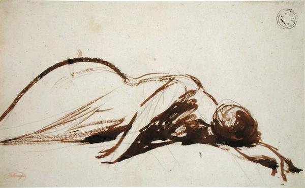 Mulher Prostrada (pincel e tinta marrom sobre grafite sobre papel) de George Romney