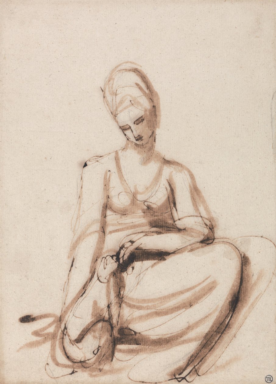 Mulher sentada a alimentar-se de um animal de George Romney
