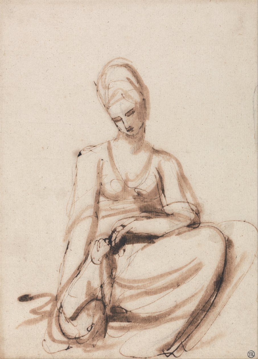 Mulher sentada a alimentar um animal de George Romney