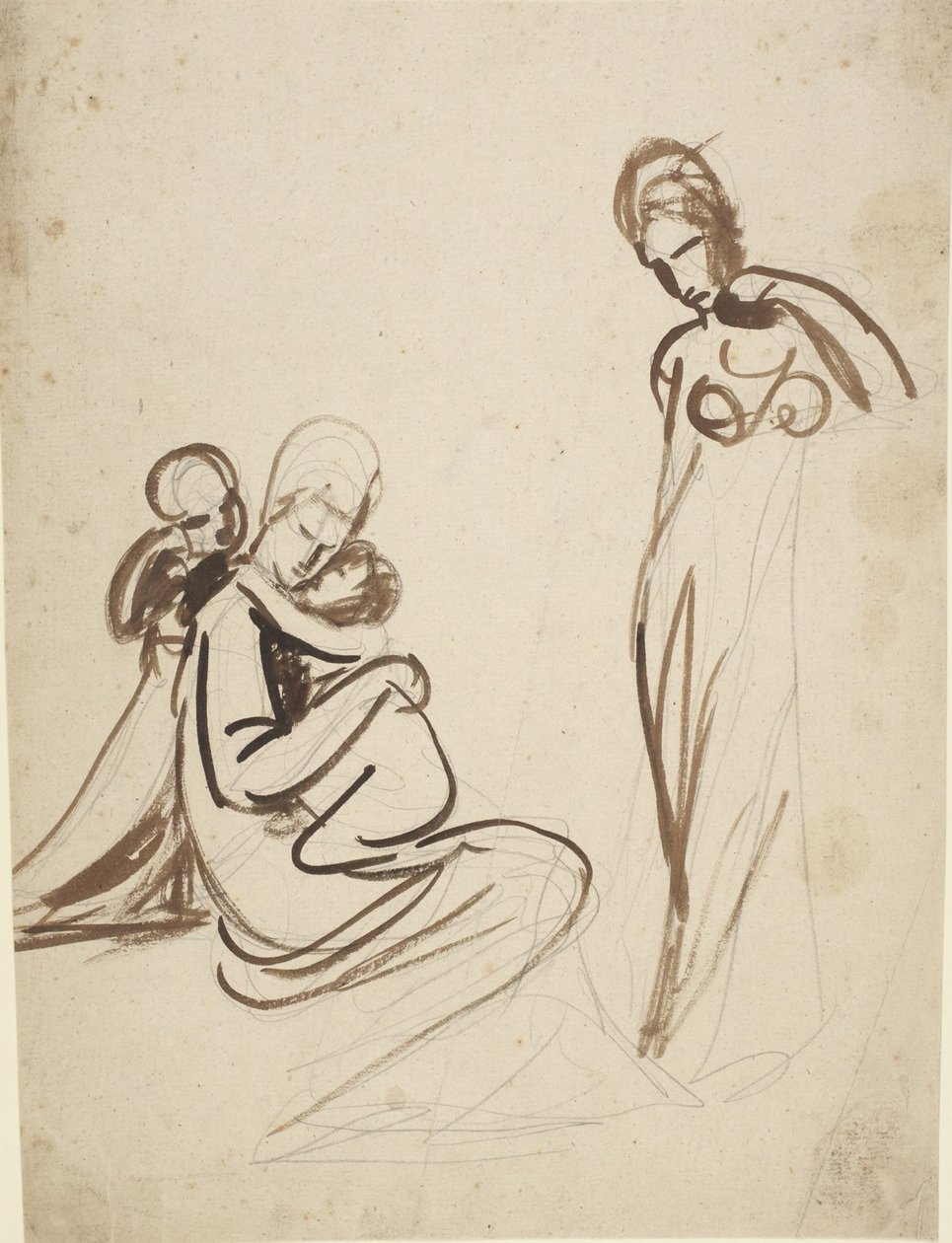 Mulher sentada com duas crianças e uma mulher de pé de George Romney