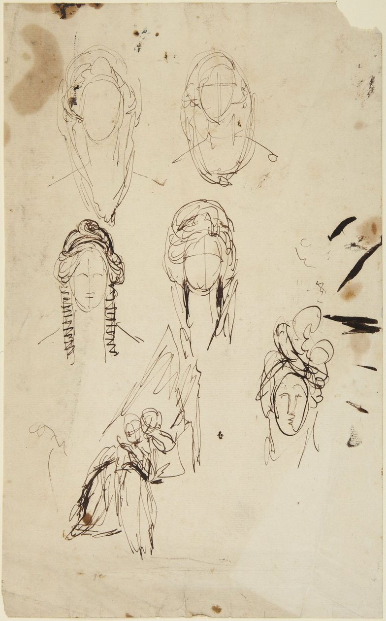 Esboços de uma cabeça de mulher e de uma mulher sentada com uma criança de George Romney