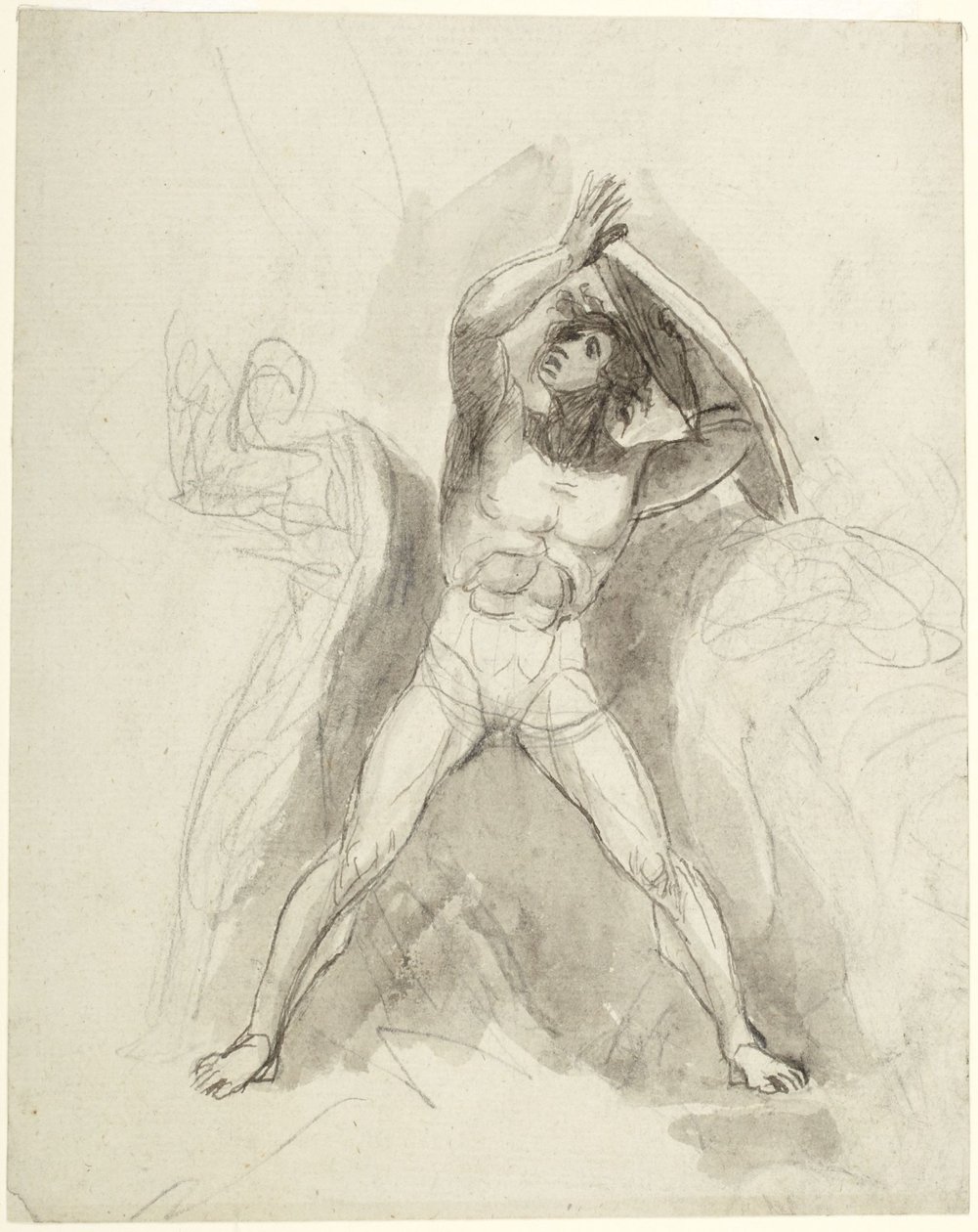 Homem nu, de pé, com um escudo de George Romney