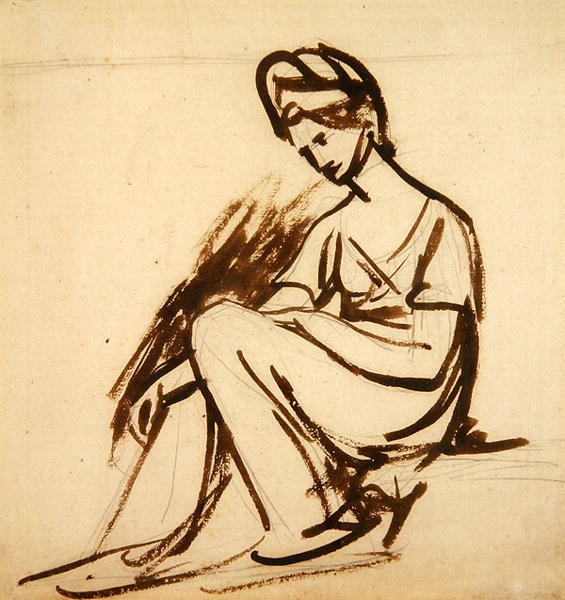 Estudo para um Retrato de uma Senhora, Sentada (tinta castanha sobre lápis sobre papel) de George Romney