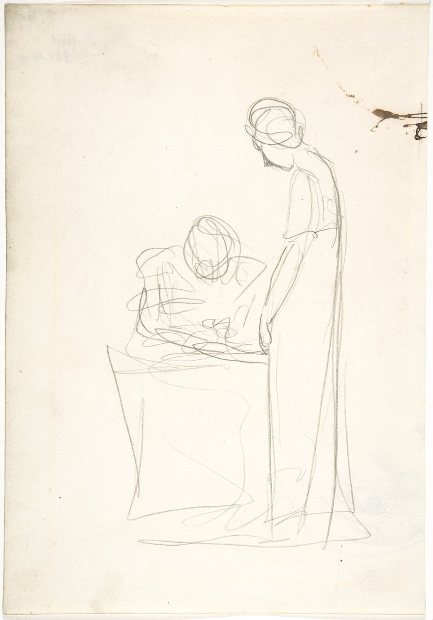 Estudo de duas figuras: uma sentada, a outra de pé (recto). Estudo de uma cabeça voltada para cima (verso) de George Romney