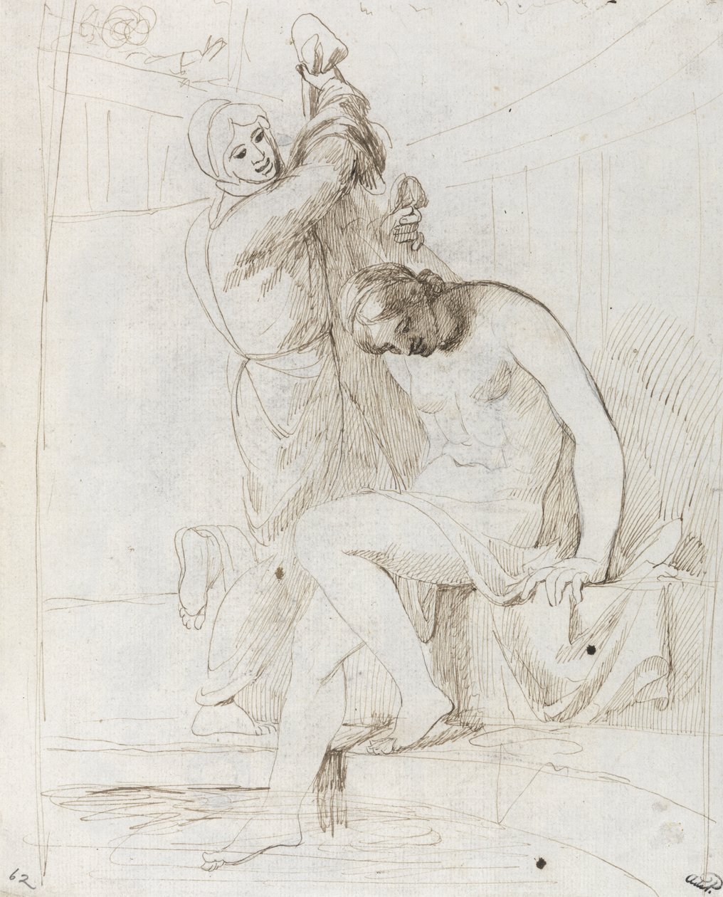 O Banho de Bate-Seba (caneta e tinta marrom em papel avermelhado) de George Romney