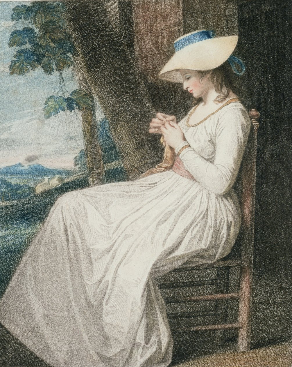 A costureira, gravada por Thomas Cheesman (1760-c.1834), pub. por John e Josiah Boydell, 1787 (stipple engraving) (par de 125533) de George Romney