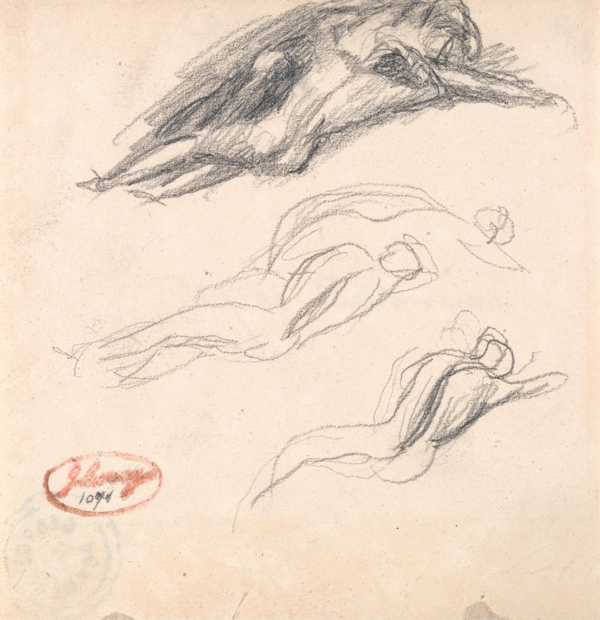 Três esboços de uma figura a dormir, provavelmente Adão e Eva para "Satanás descoberto na orelha de Eva" de George Romney