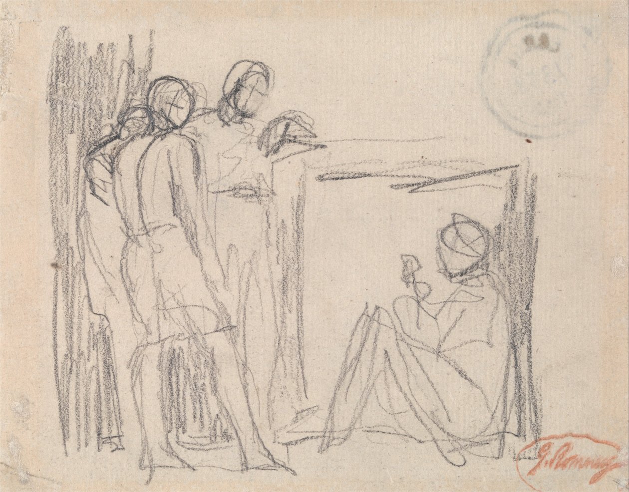 Três figuras de pé diante de uma figura sentada de George Romney