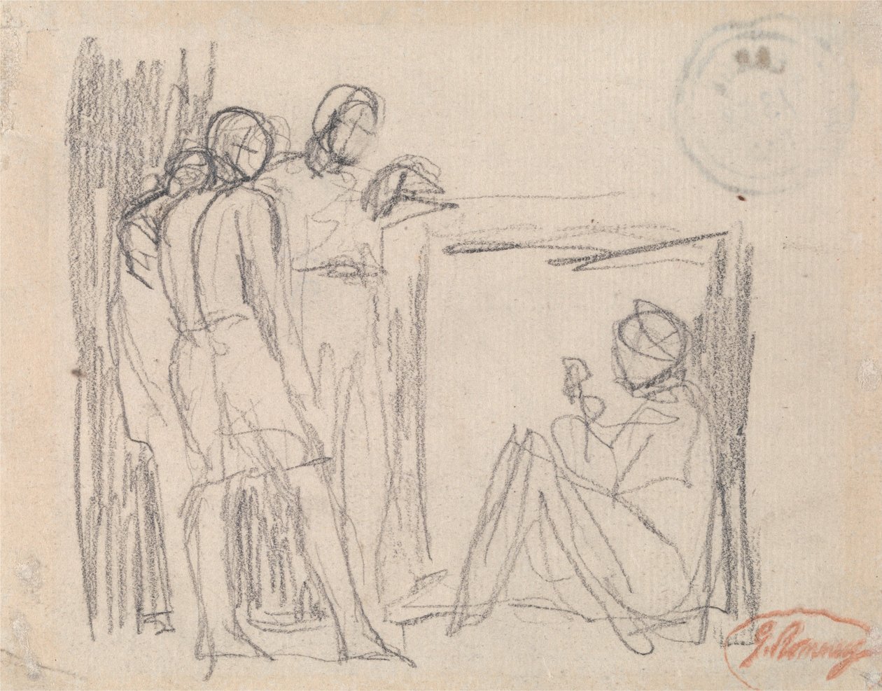 Três figuras em pé perante uma figura sentada de George Romney