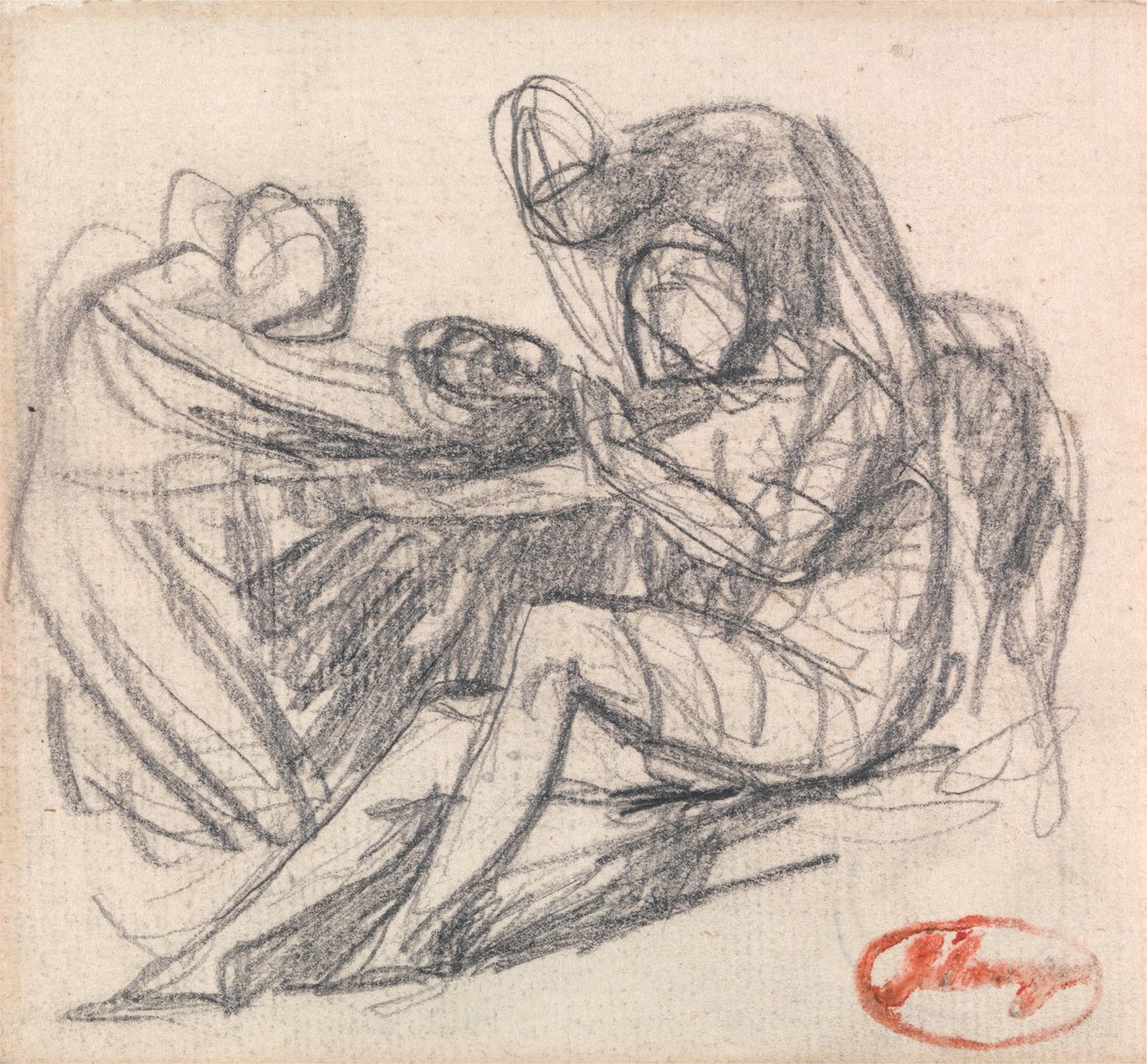 Duas figuras a ajudar uma figura sentada de George Romney